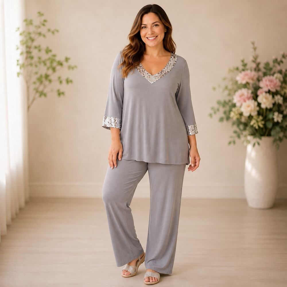 Slinky® Brand 2-piece Gray Embellished Acetate Blend Pants And Tunic Top Set 1X